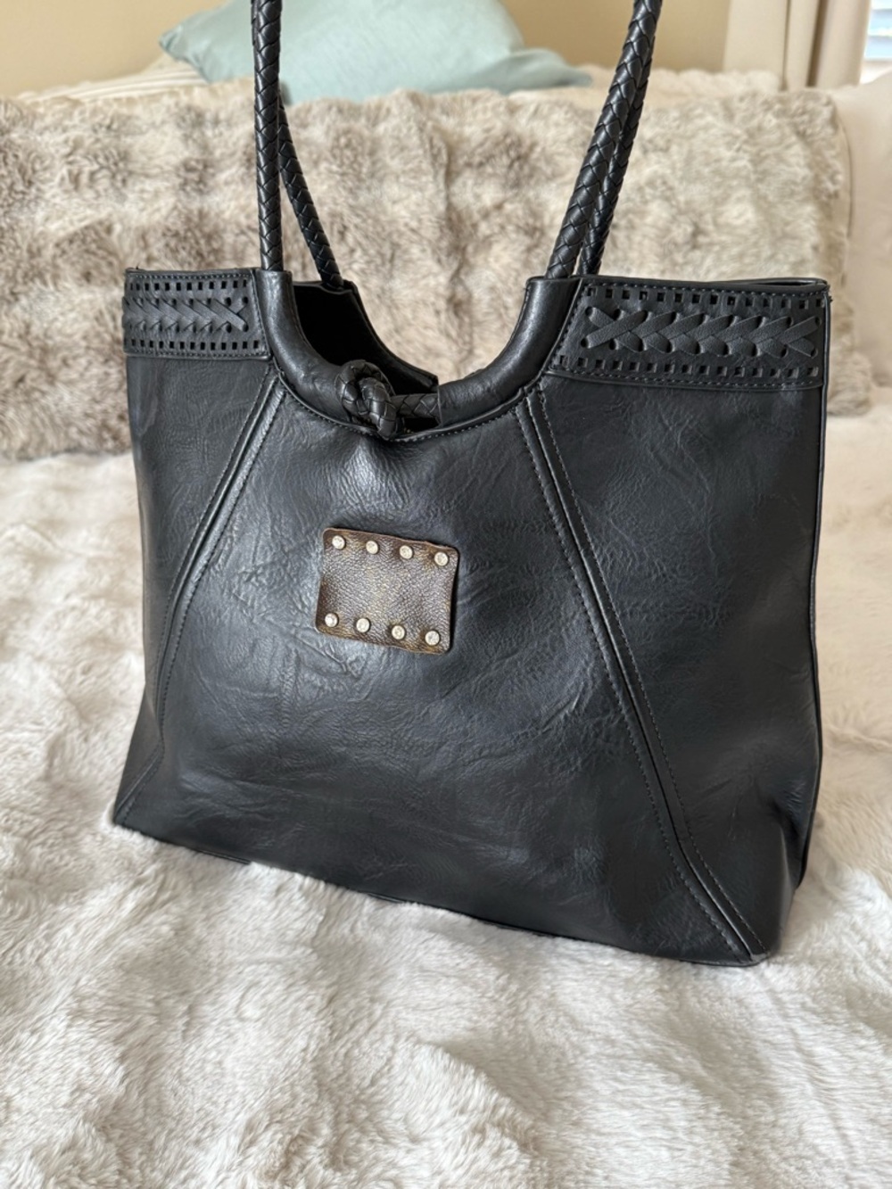 Black Leather Purse/ Tote Bag with Braided Handles